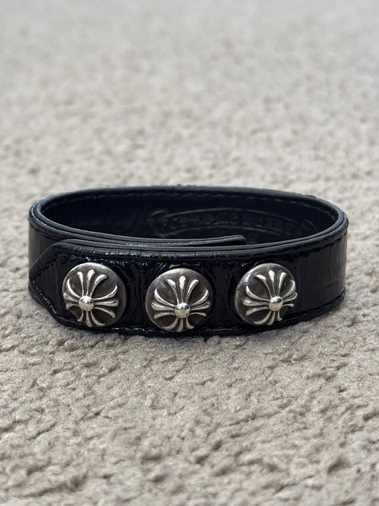 Chrome Hearts 3 Silver Cross Snap Button Patent Leather Bracelet
