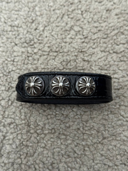 Chrome Hearts 3 Silver Cross Snap Button Patent Leather Bracelet