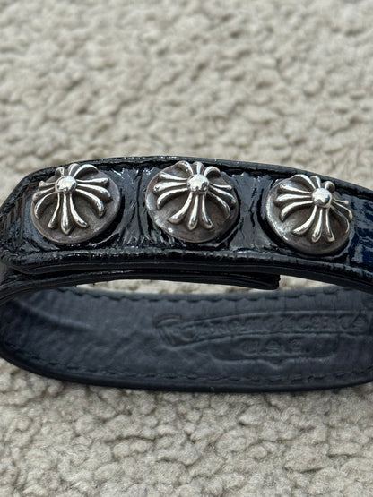 Chrome Hearts 3 Silver Cross Snap Button Patent Leather Bracelet