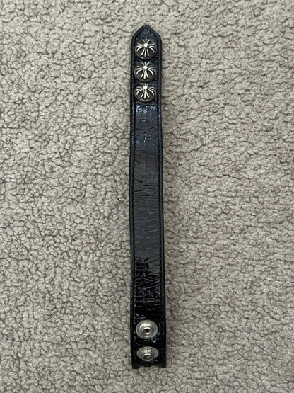 Chrome Hearts 3 Silver Cross Snap Button Patent Leather Bracelet