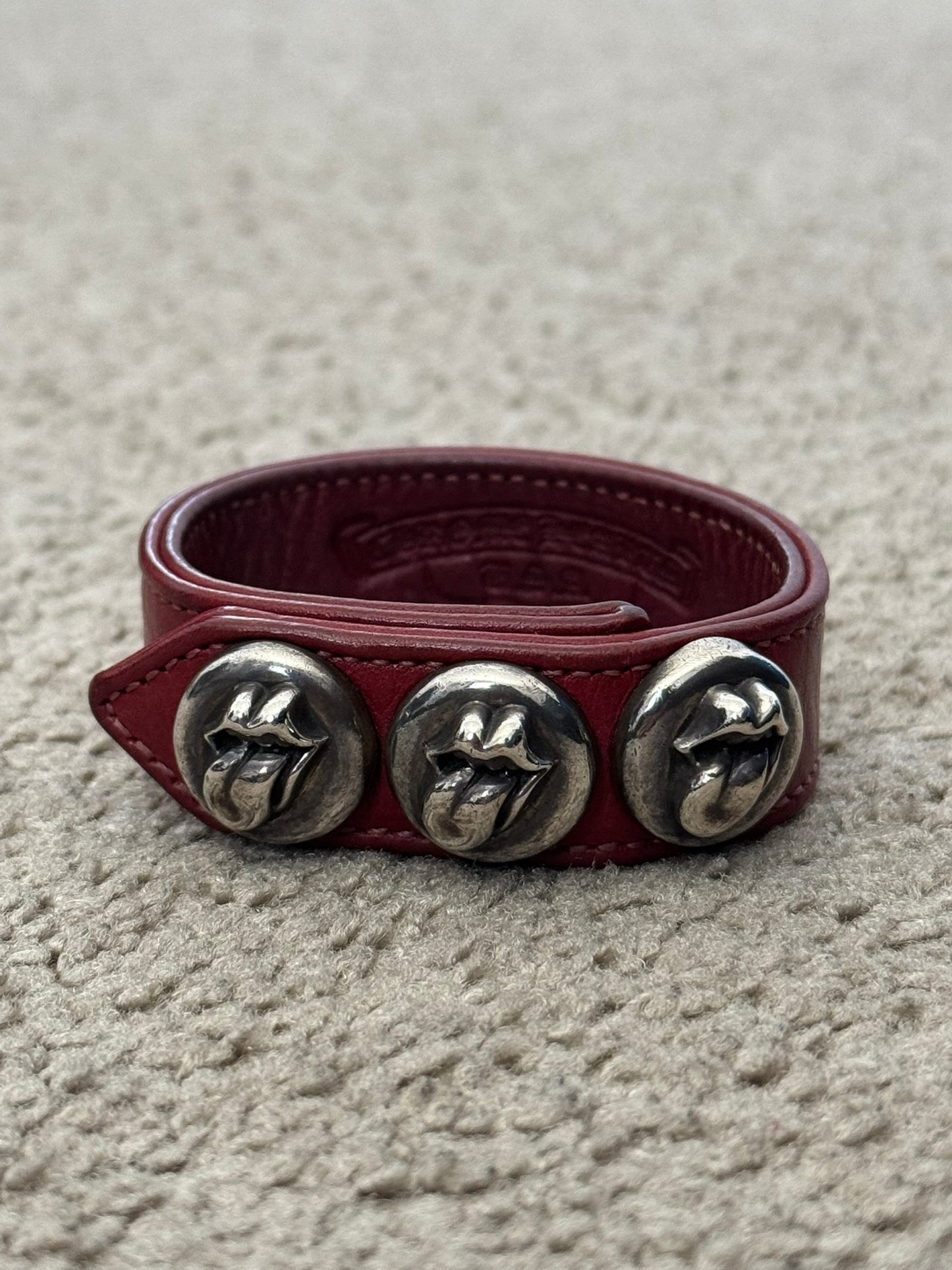 Chrome Hearts 3 Silver Rolling Stones Snap Button Leather Bracelet