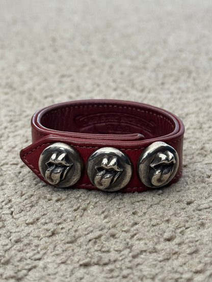Chrome Hearts 3 Silver Rolling Stones Snap Button Leather Bracelet