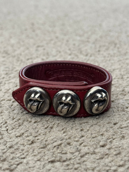 Chrome Hearts 3 Silver Rolling Stones Snap Button Leather Bracelet