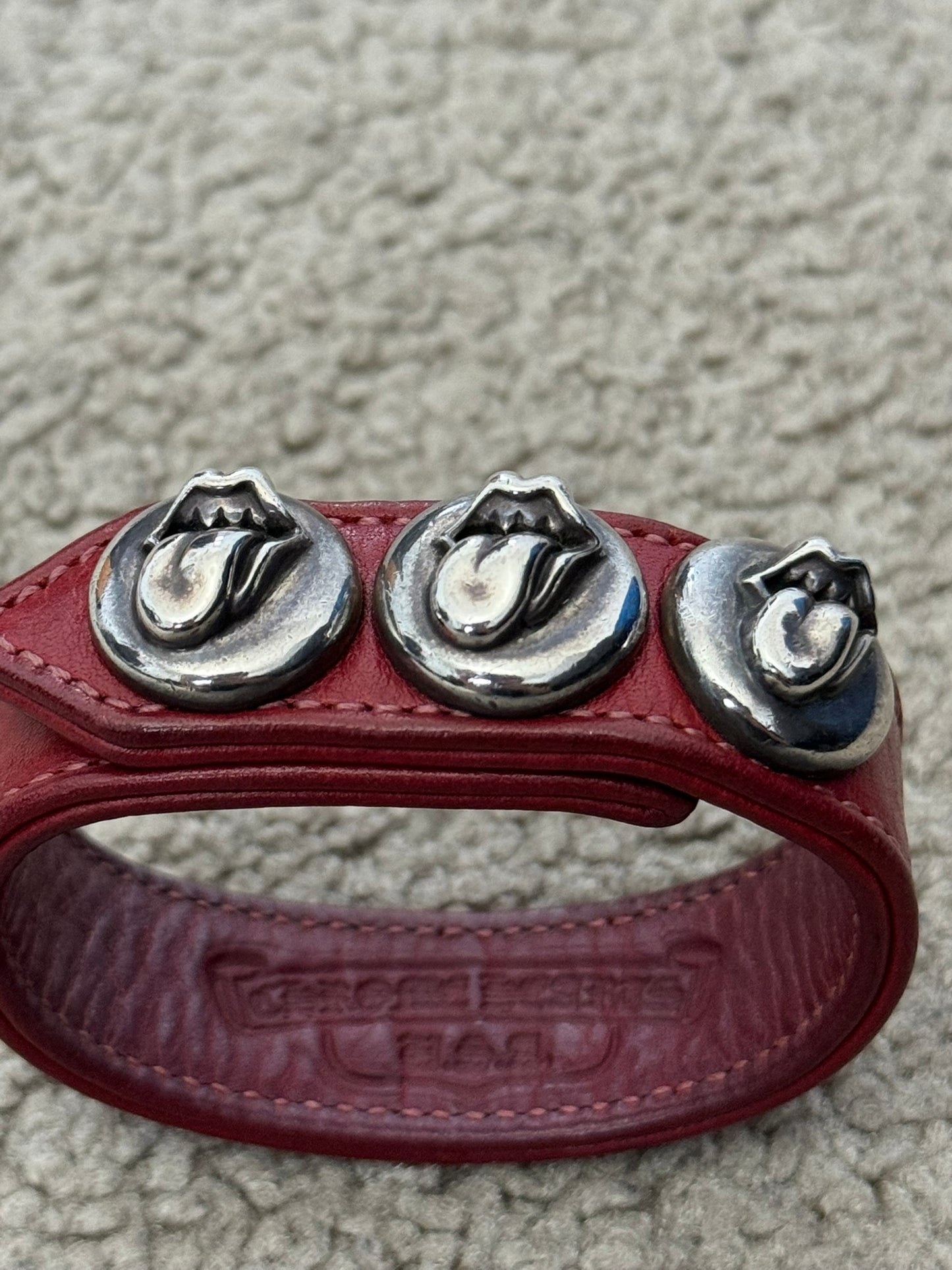 Chrome Hearts 3 Silver Rolling Stones Snap Button Leather Bracelet