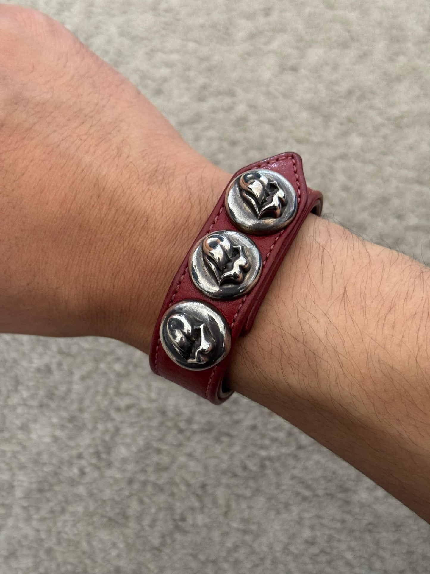 Chrome Hearts 3 Silver Rolling Stones Snap Button Leather Bracelet
