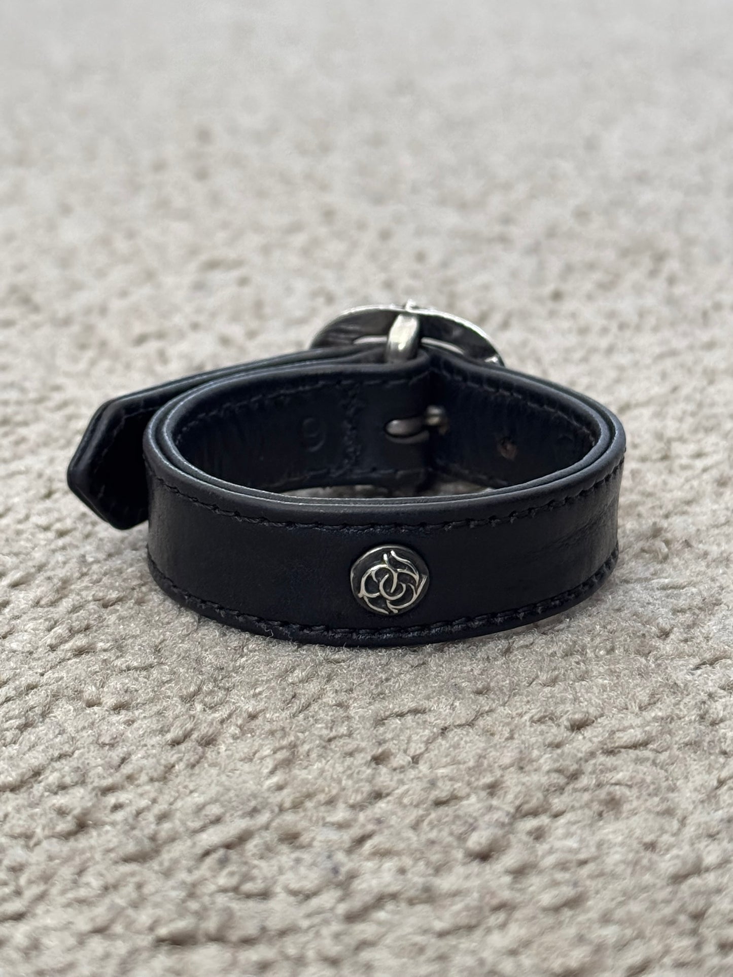 Chrome Hearts Gunslinger Silver Buckle Floral Black Leather Bracelet