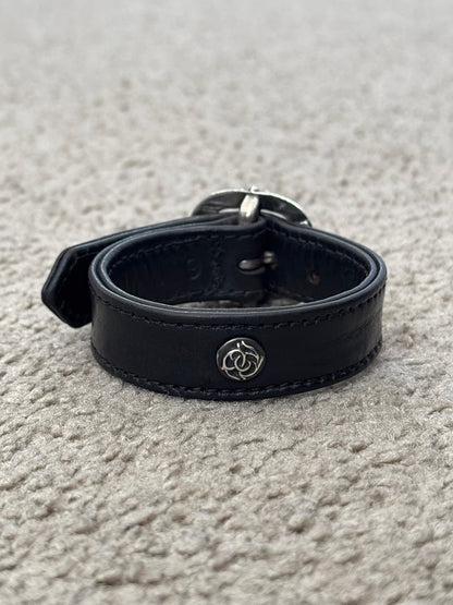Chrome Hearts Gunslinger Silver Buckle Floral Black Leather Bracelet