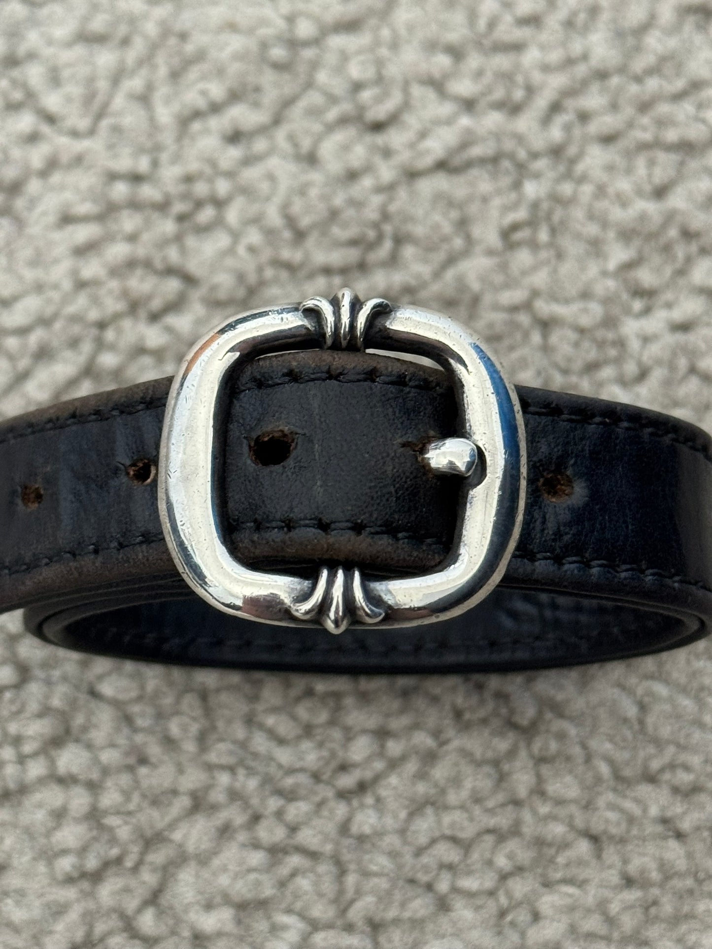 Chrome Hearts Gunslinger Silver Buckle Floral Black Leather Bracelet