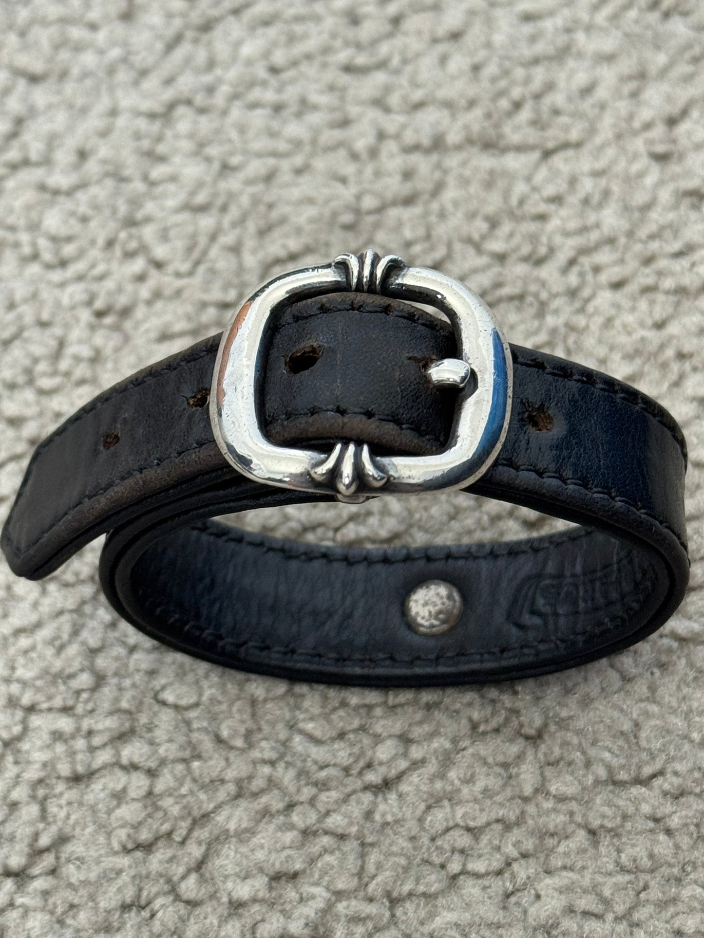 Chrome Hearts Gunslinger Silver Buckle Floral Black Leather Bracelet