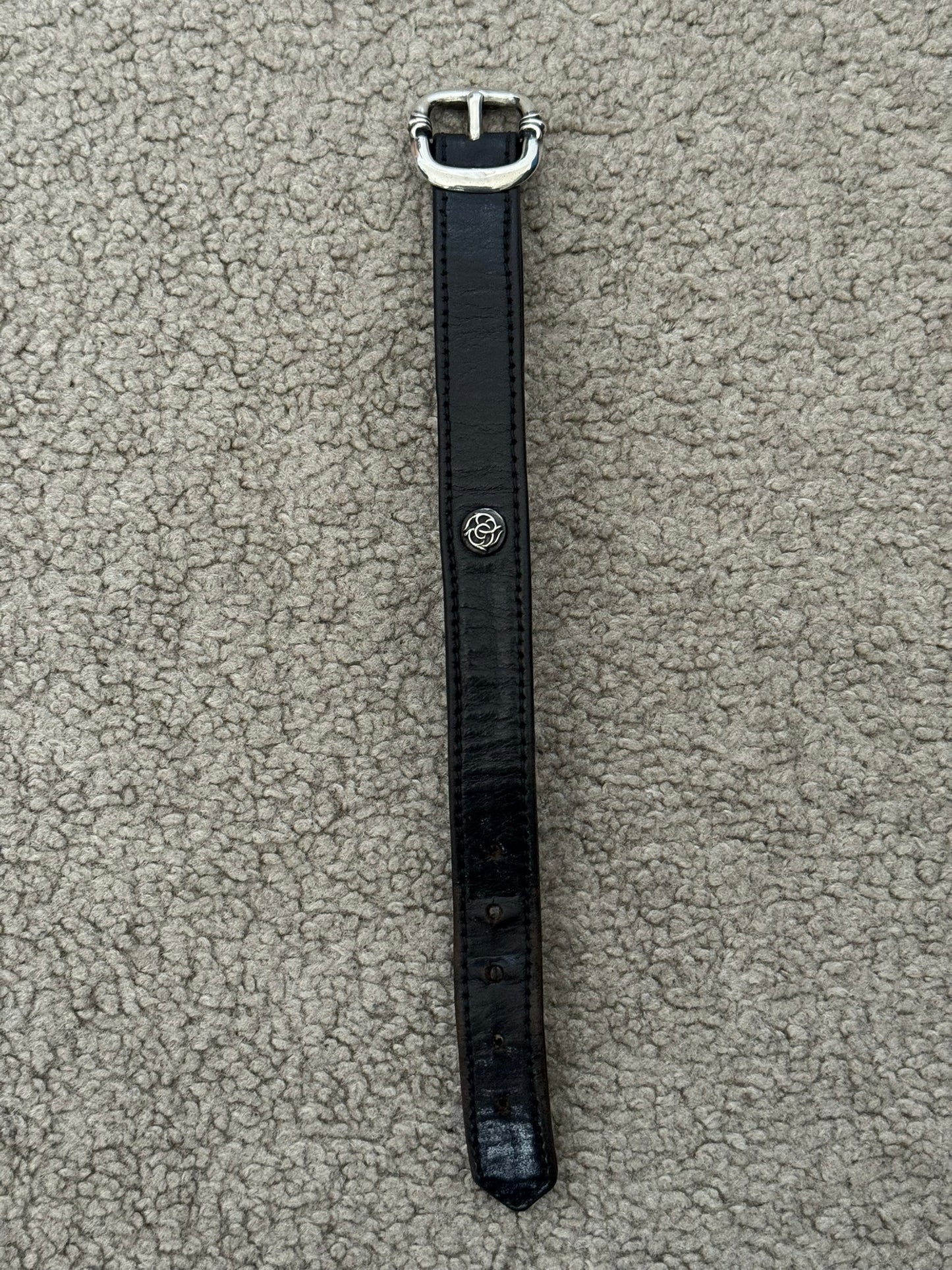 Chrome Hearts Gunslinger Silver Buckle Floral Black Leather Bracelet