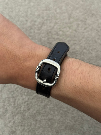 Chrome Hearts Gunslinger Silver Buckle Floral Black Leather Bracelet