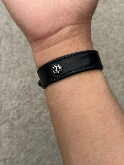 Chrome Hearts Gunslinger Silver Buckle Floral Black Leather Bracelet