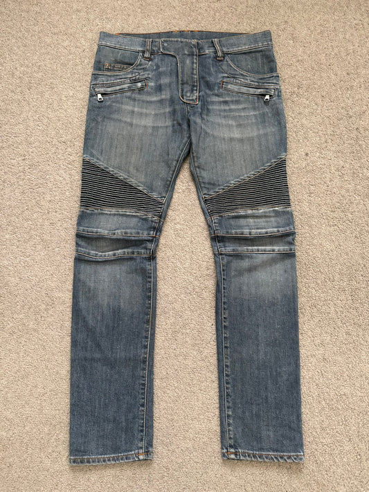 Balmain by Christophe Decarnin Faded Zip Biker Denim Jeans