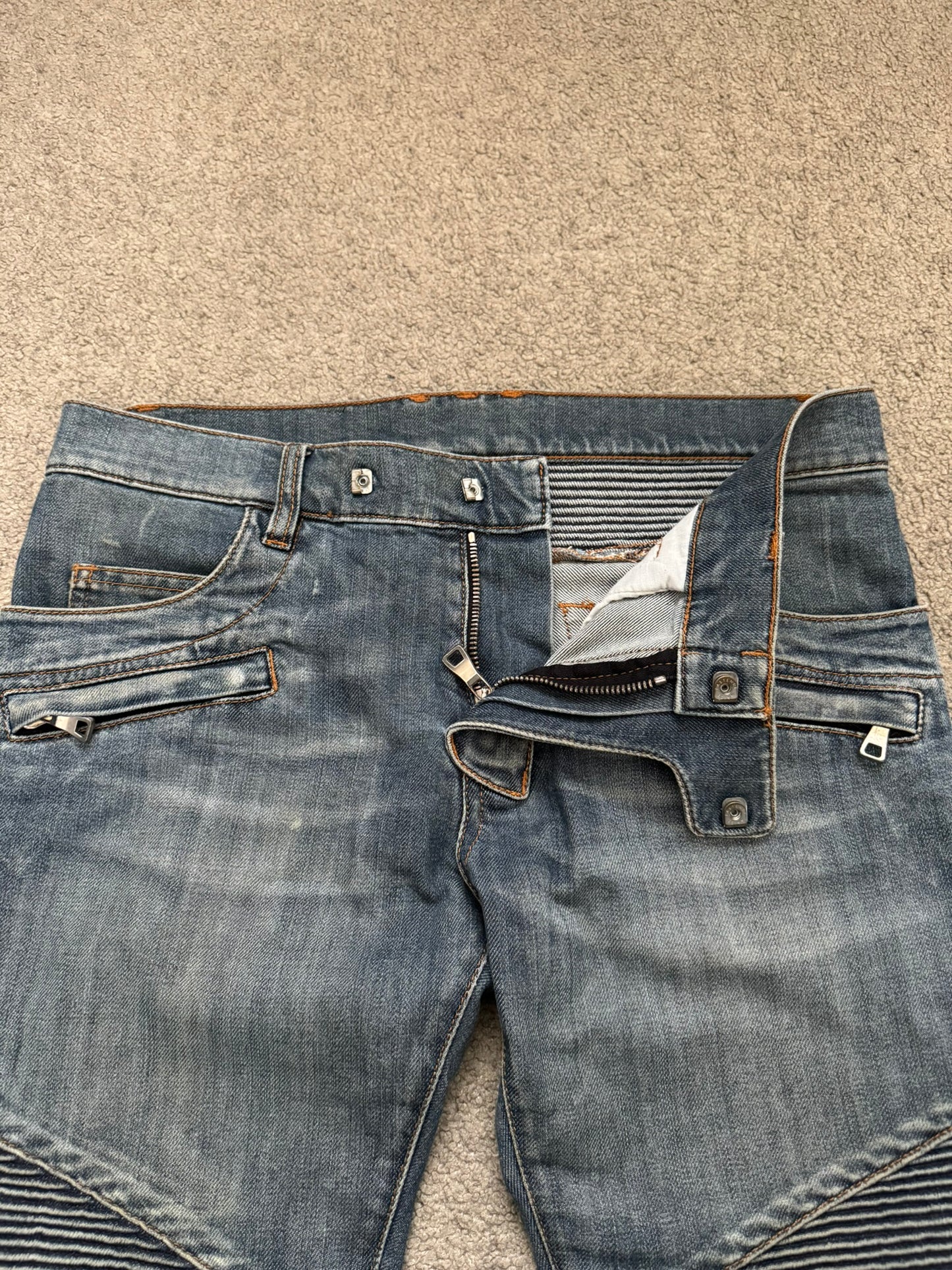 Balmain by Christophe Decarnin Faded Zip Biker Denim Jeans