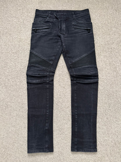 Balmain by Olivier Rousteing Washed Black Zip Biker Denim Jeans