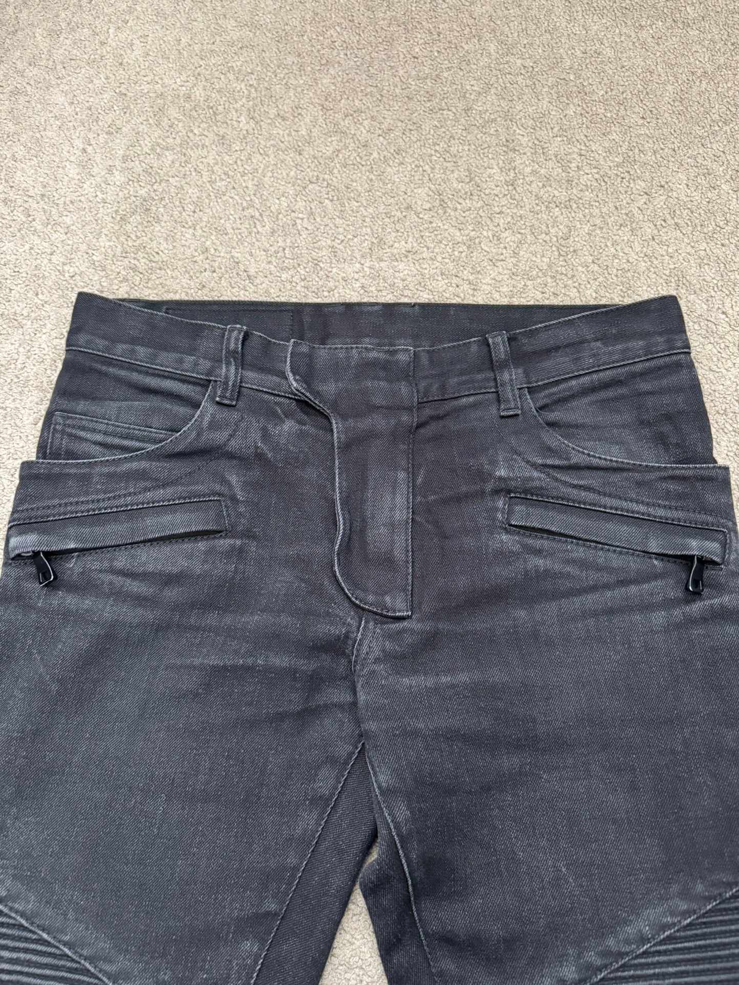 Balmain by Olivier Rousteing Washed Black Zip Biker Denim Jeans