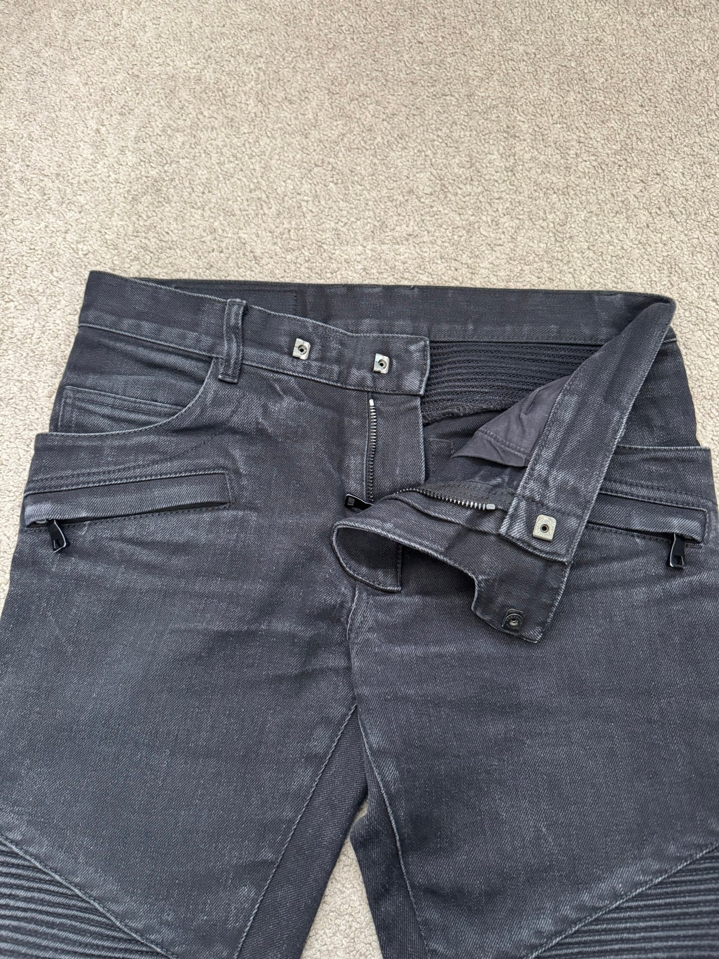 Balmain by Olivier Rousteing Washed Black Zip Biker Denim Jeans