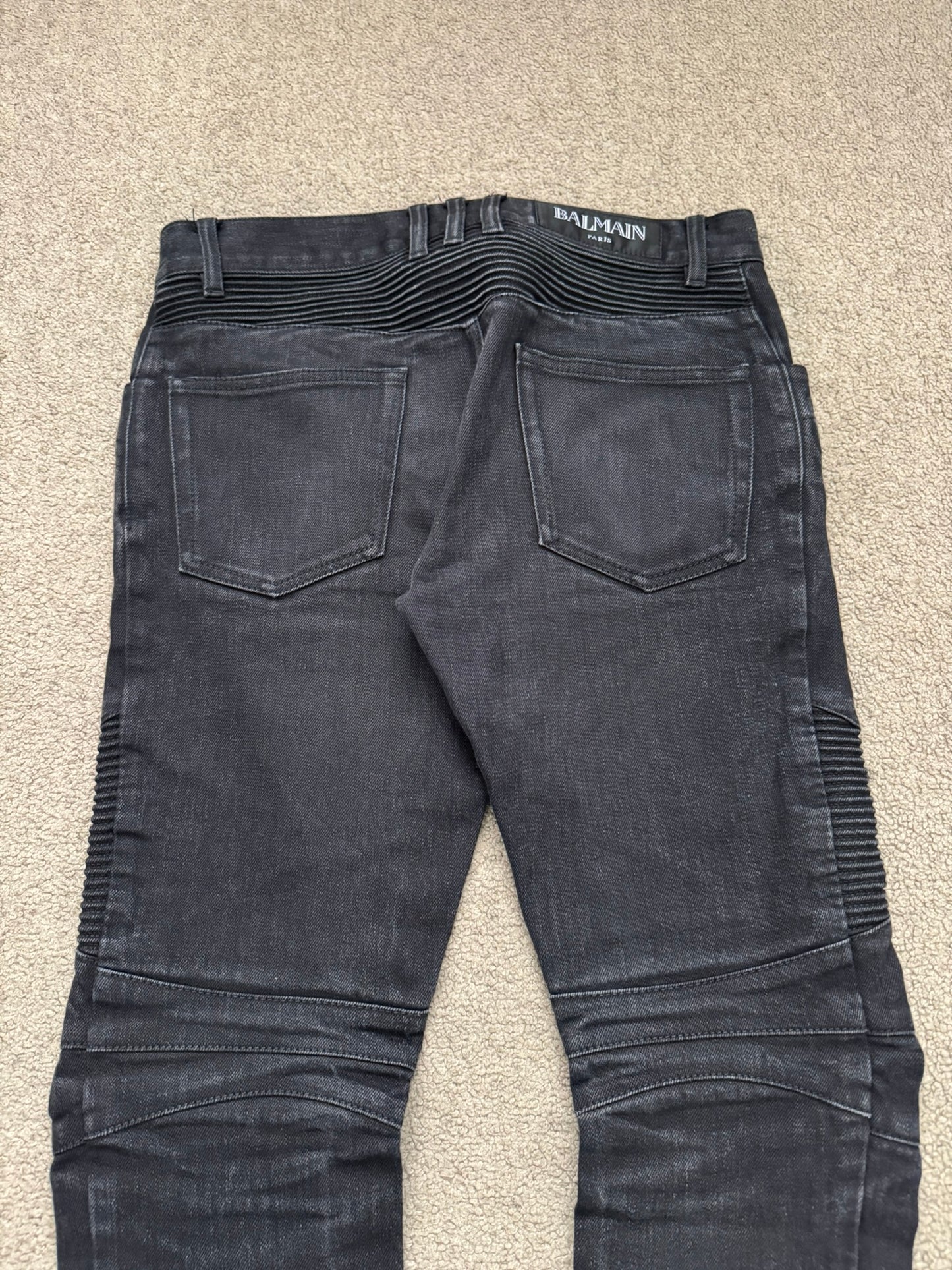 Balmain by Olivier Rousteing Washed Black Zip Biker Denim Jeans