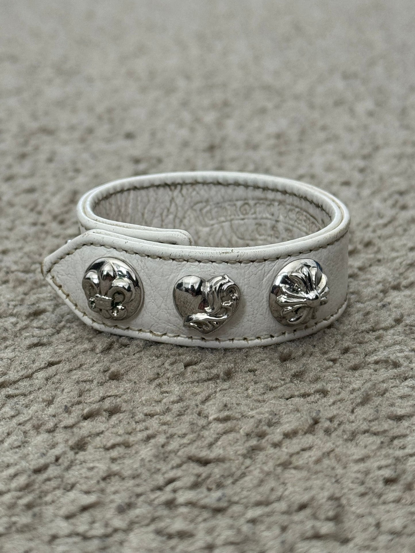 Chrome Hearts 3 Rhodium Silver Snap White Leather Bracelet