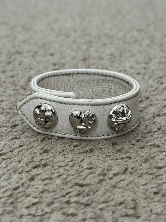 Chrome Hearts 3 Rhodium Silver Snap White Leather Bracelet