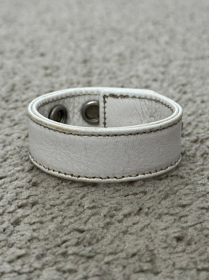 Chrome Hearts 3 Rhodium Silver Snap White Leather Bracelet
