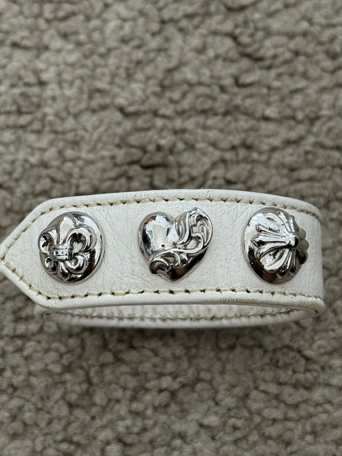 Chrome Hearts 3 Rhodium Silver Snap White Leather Bracelet