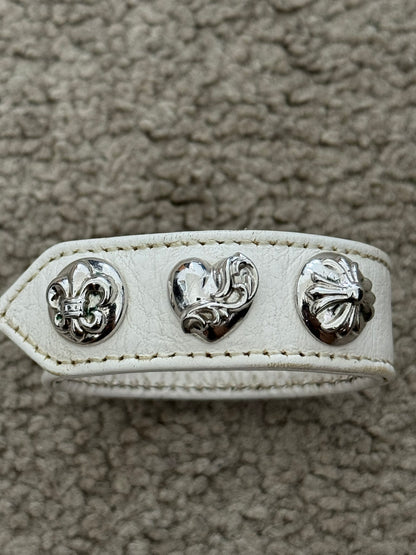 Chrome Hearts 3 Rhodium Silver Snap White Leather Bracelet