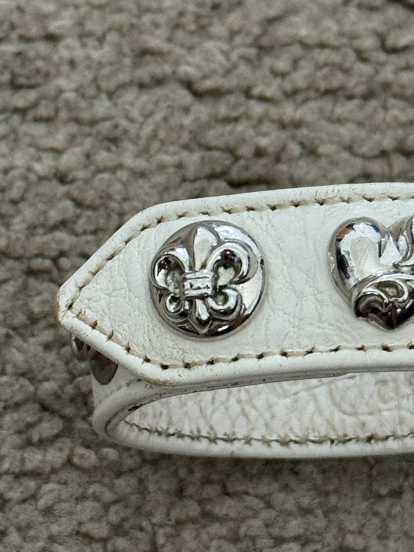 Chrome Hearts 3 Rhodium Silver Snap White Leather Bracelet