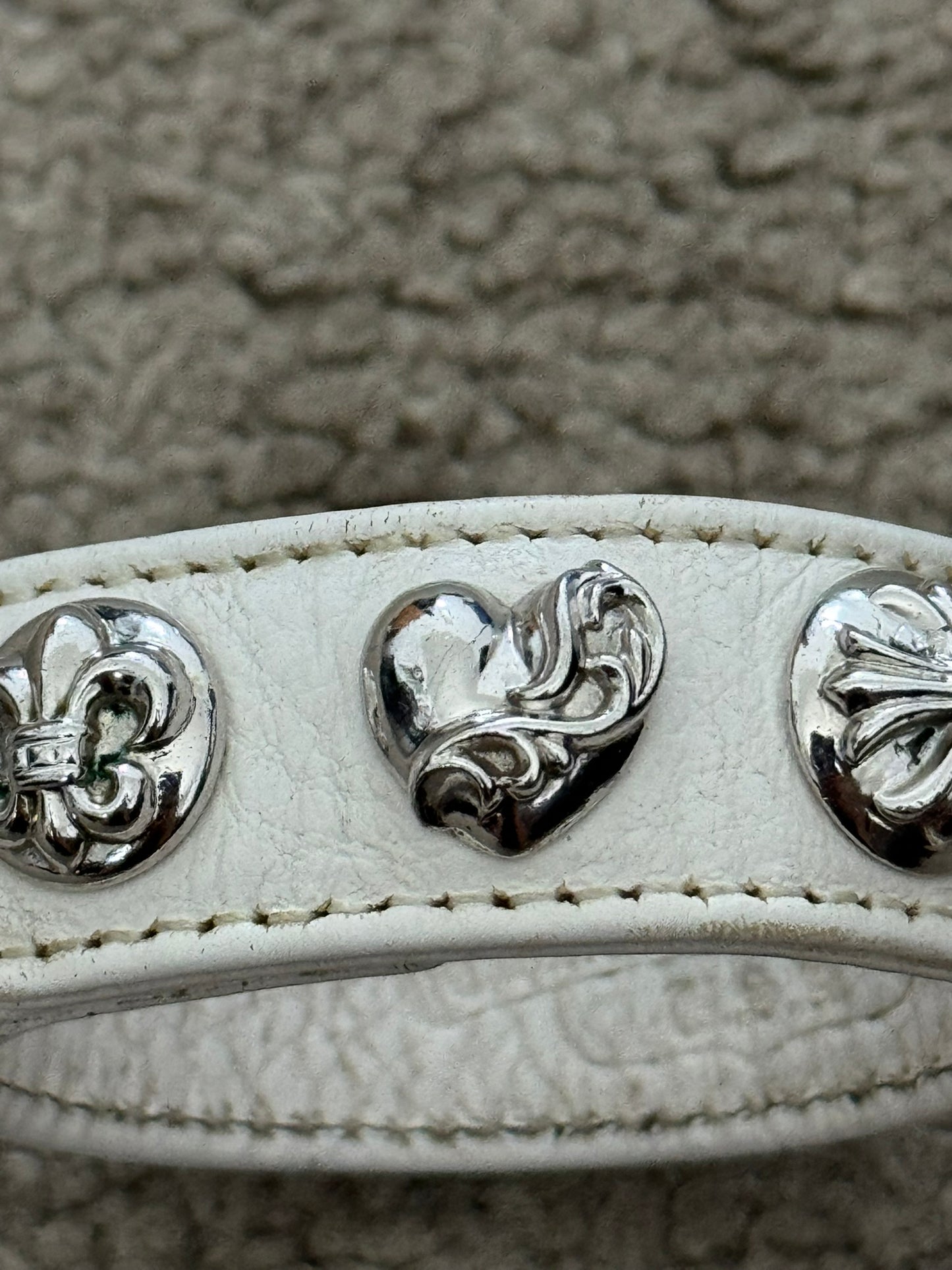 Chrome Hearts 3 Rhodium Silver Snap White Leather Bracelet