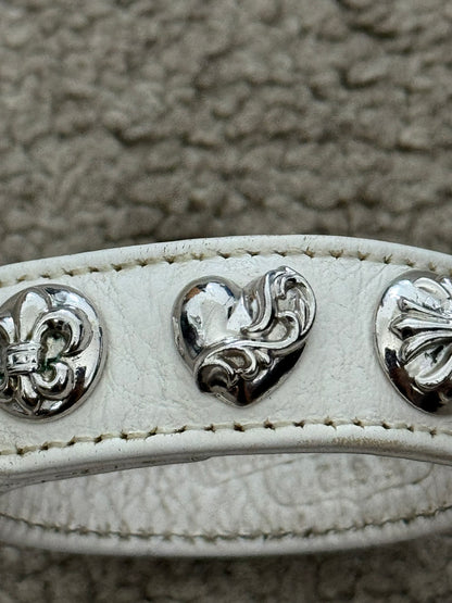 Chrome Hearts 3 Rhodium Silver Snap White Leather Bracelet