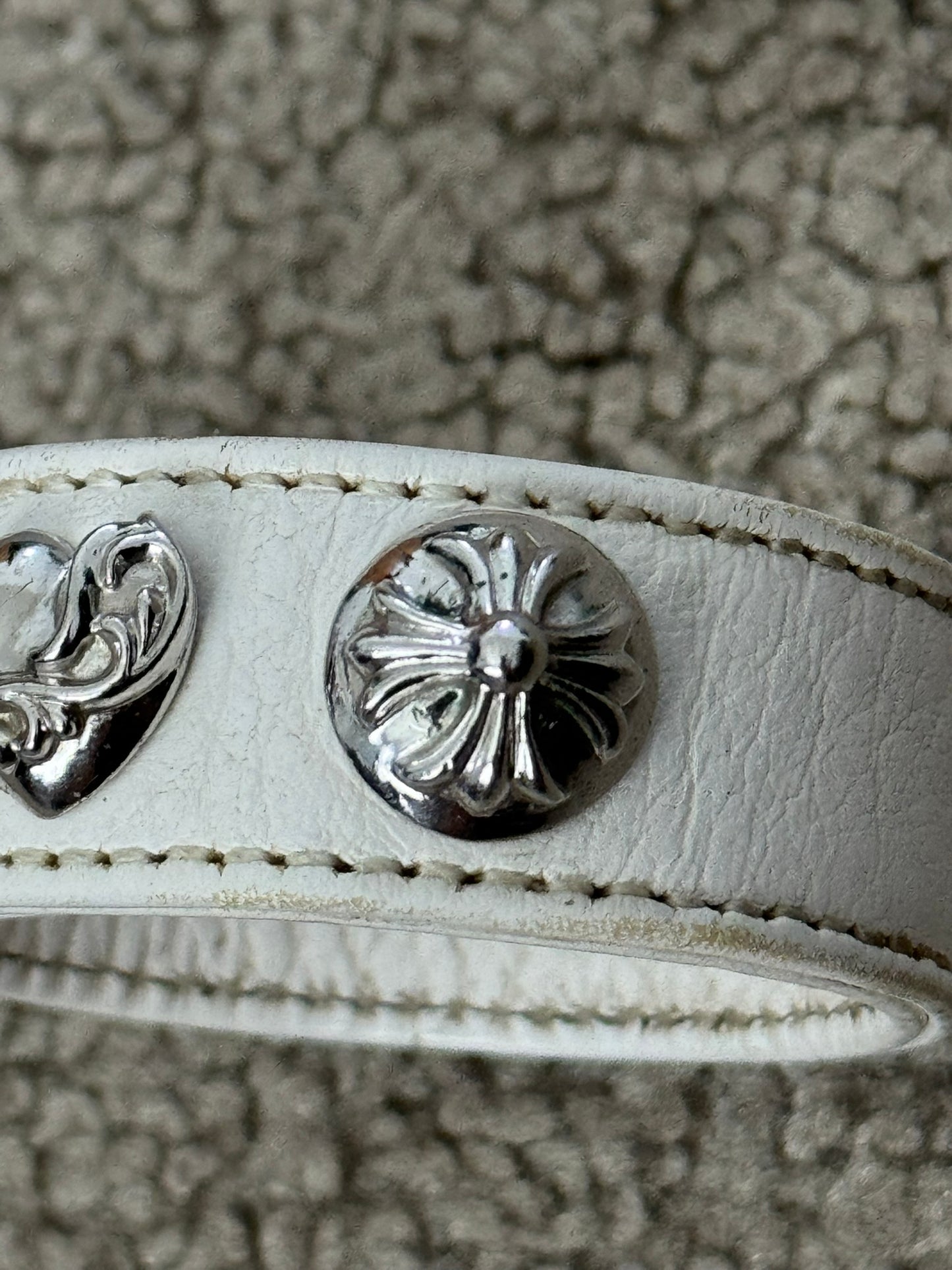 Chrome Hearts 3 Rhodium Silver Snap White Leather Bracelet