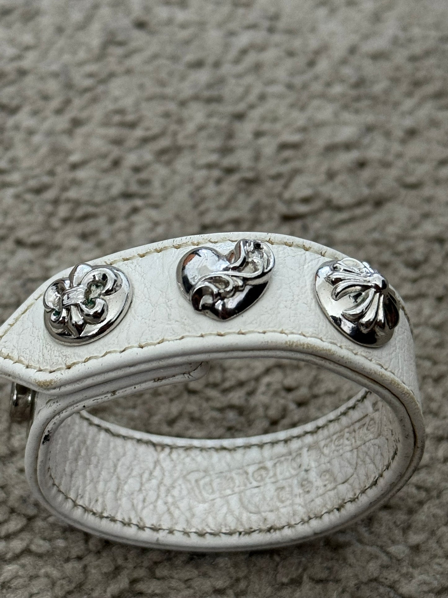 Chrome Hearts 3 Rhodium Silver Snap White Leather Bracelet
