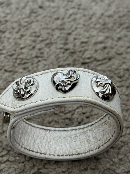 Chrome Hearts 3 Rhodium Silver Snap White Leather Bracelet