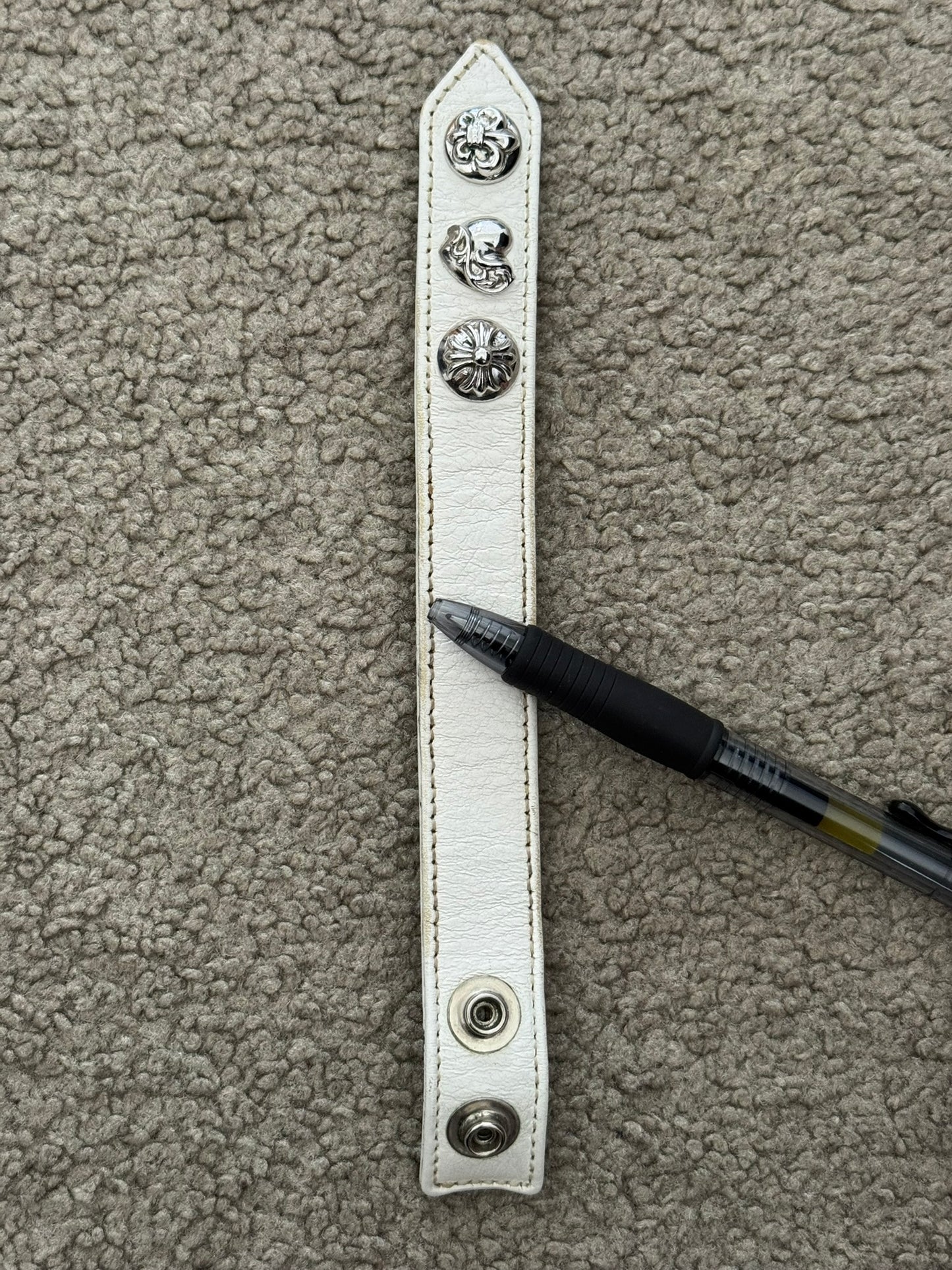 Chrome Hearts 3 Rhodium Silver Snap White Leather Bracelet