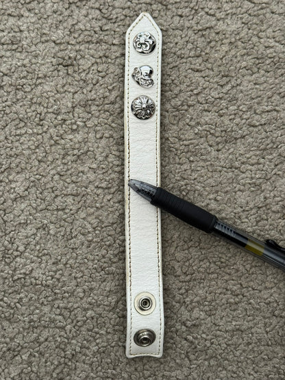 Chrome Hearts 3 Rhodium Silver Snap White Leather Bracelet