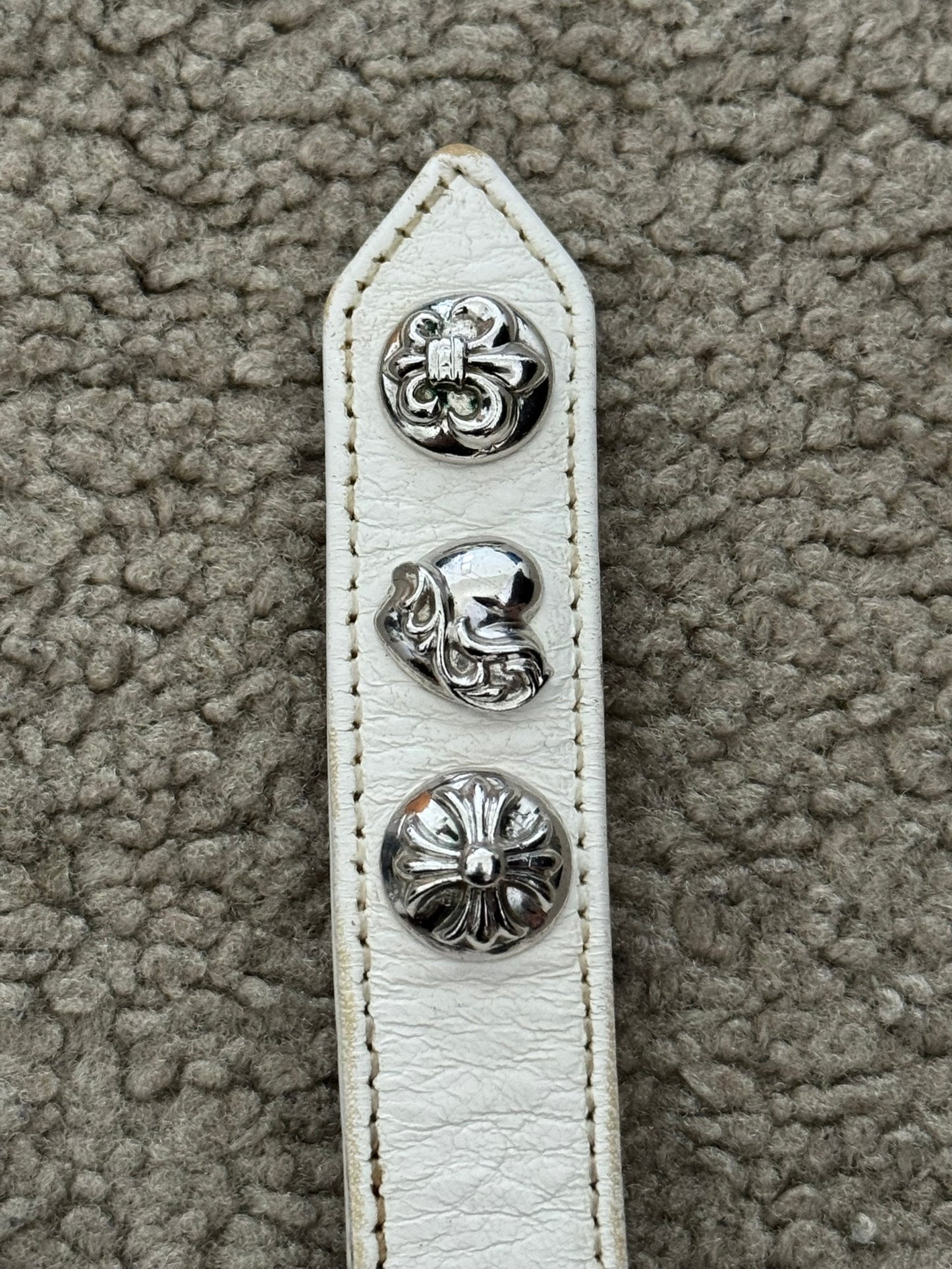 Chrome Hearts 3 Rhodium Silver Snap White Leather Bracelet