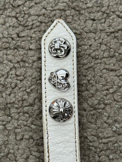 Chrome Hearts 3 Rhodium Silver Snap White Leather Bracelet