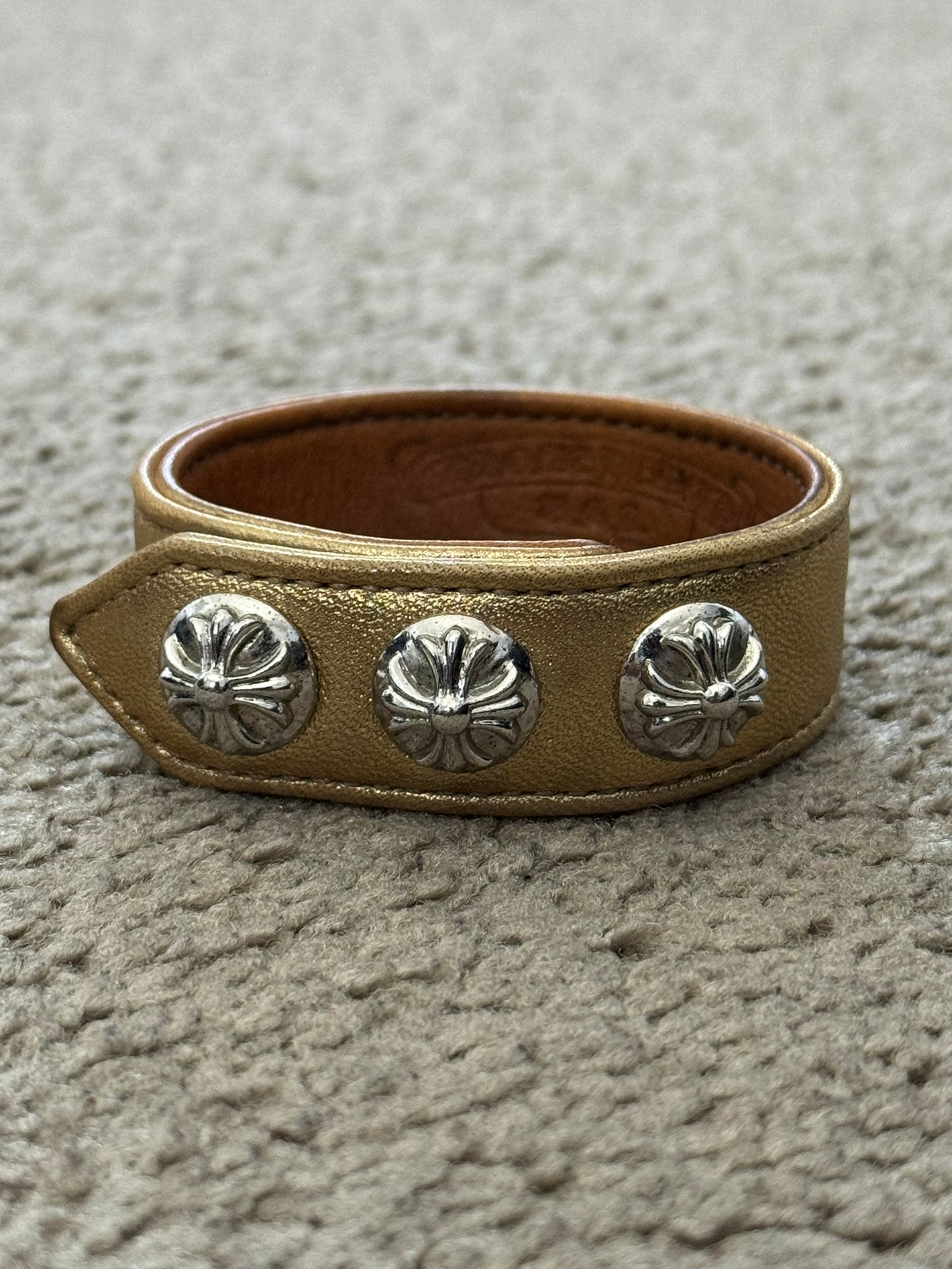 Chrome Heart 3 Rhodium Silver Cross Snap Gold Leather Bracelet