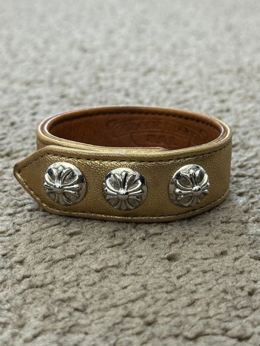 Chrome Heart 3 Rhodium Silver Cross Snap Gold Leather Bracelet