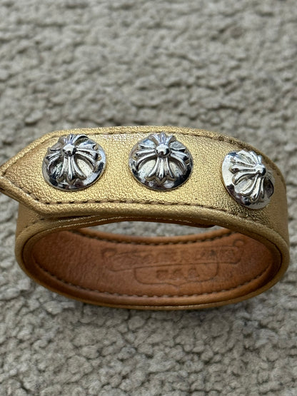 Chrome Heart 3 Rhodium Silver Cross Snap Gold Leather Bracelet