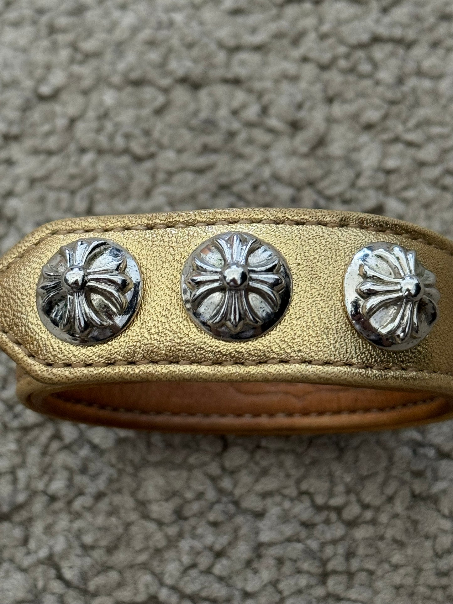 Chrome Heart 3 Rhodium Silver Cross Snap Gold Leather Bracelet