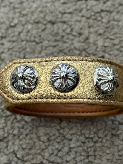 Chrome Heart 3 Rhodium Silver Cross Snap Gold Leather Bracelet