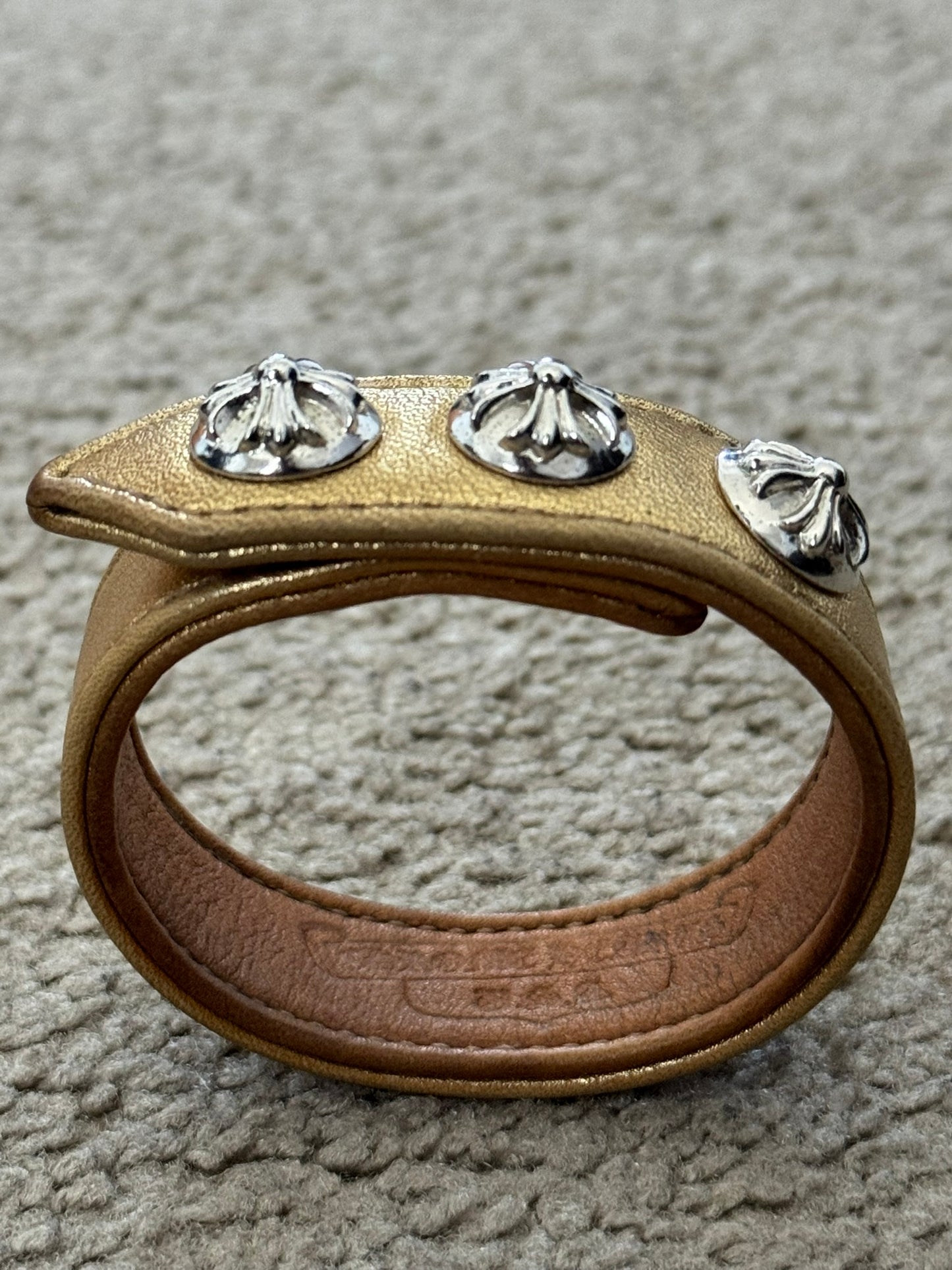 Chrome Heart 3 Rhodium Silver Cross Snap Gold Leather Bracelet