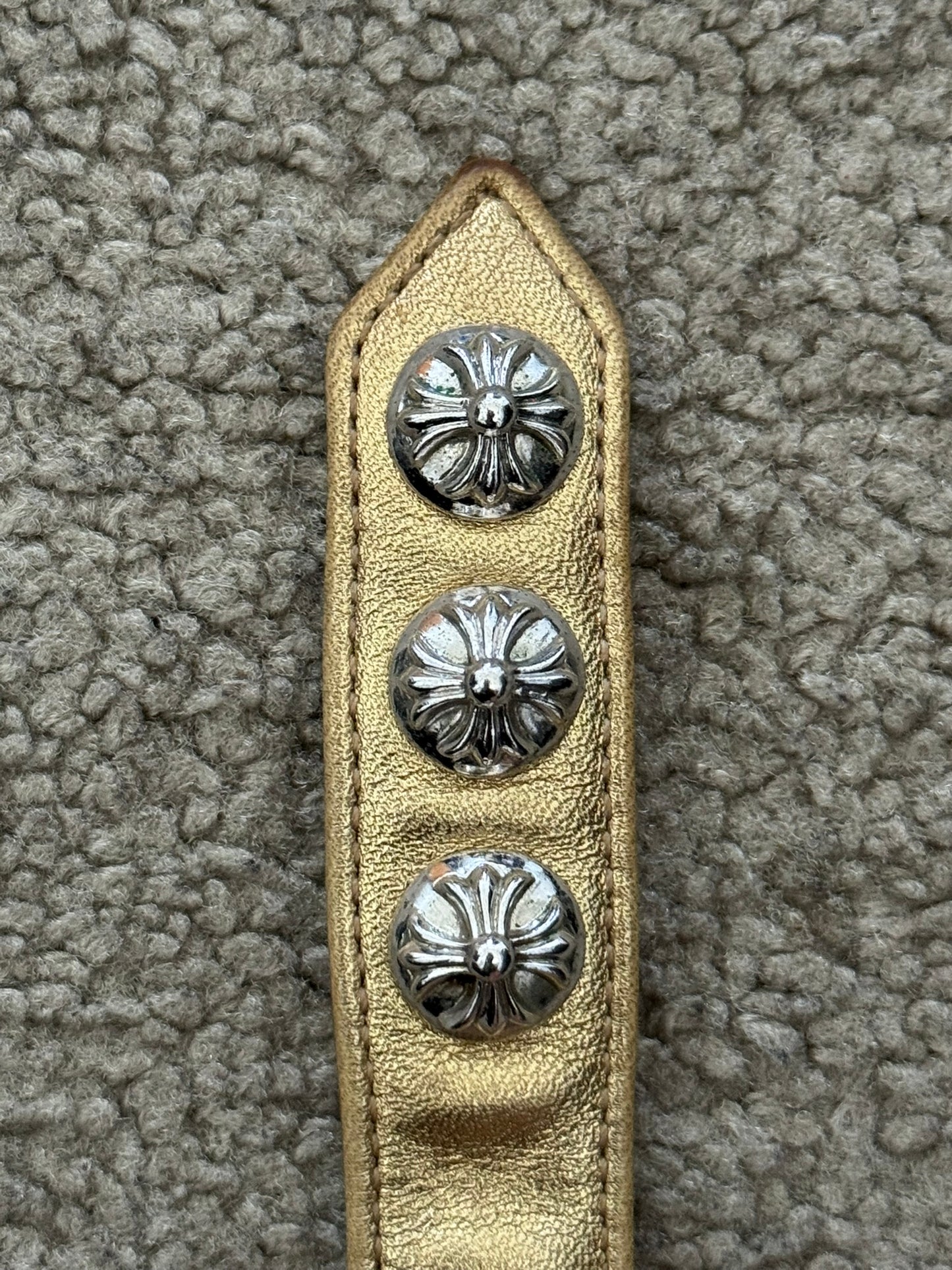 Chrome Heart 3 Rhodium Silver Cross Snap Gold Leather Bracelet