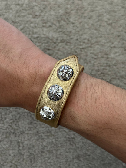 Chrome Heart 3 Rhodium Silver Cross Snap Gold Leather Bracelet