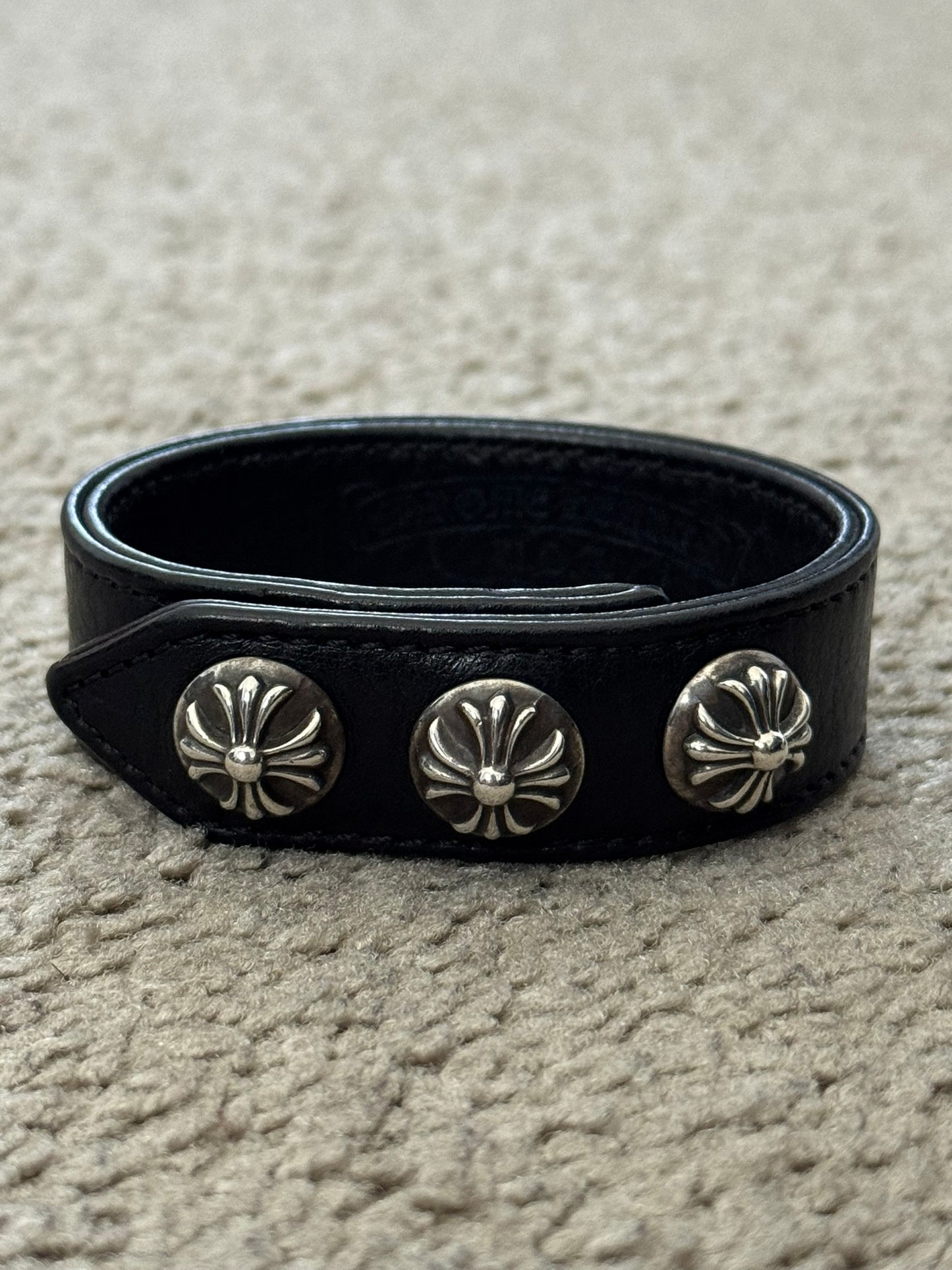 Chrome Hearts 3 Silver Cross Snap Button Black Leather Bracelet