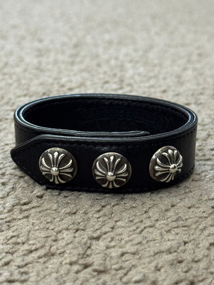 Chrome Hearts 3 Silver Cross Snap Button Black Leather Bracelet