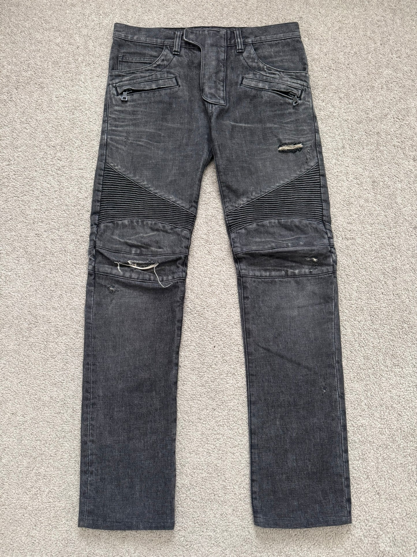 Balmain by Olivier Rousteing Distressed Zip Biker Denim Jeans