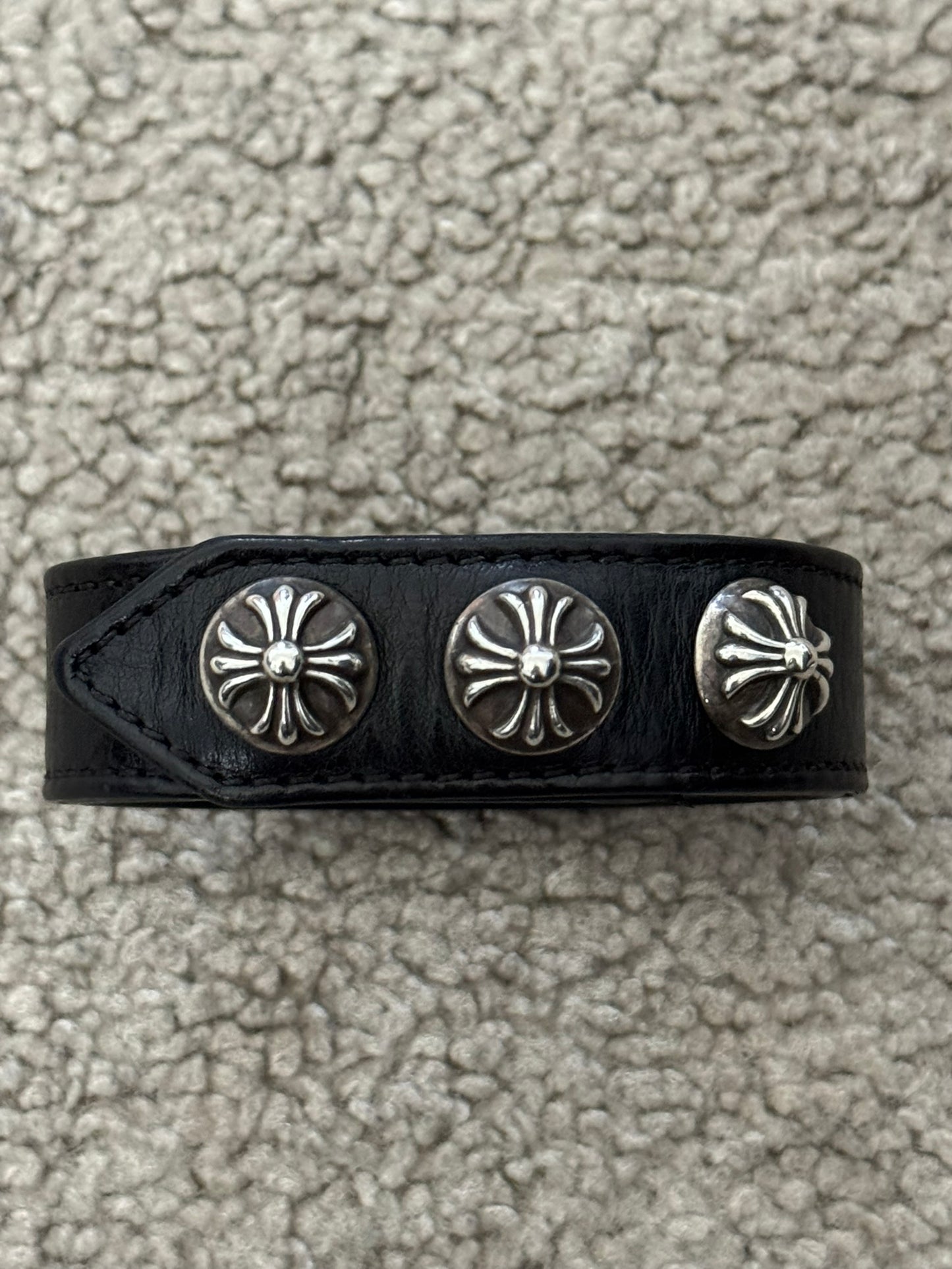 Chrome Hearts 3 Silver Cross Snap Button Black Leather Bracelet