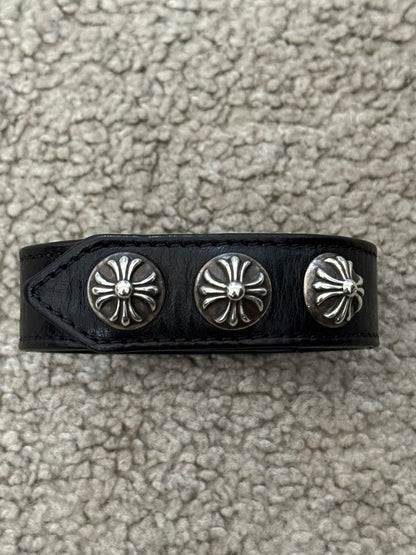 Chrome Hearts 3 Silver Cross Snap Button Black Leather Bracelet
